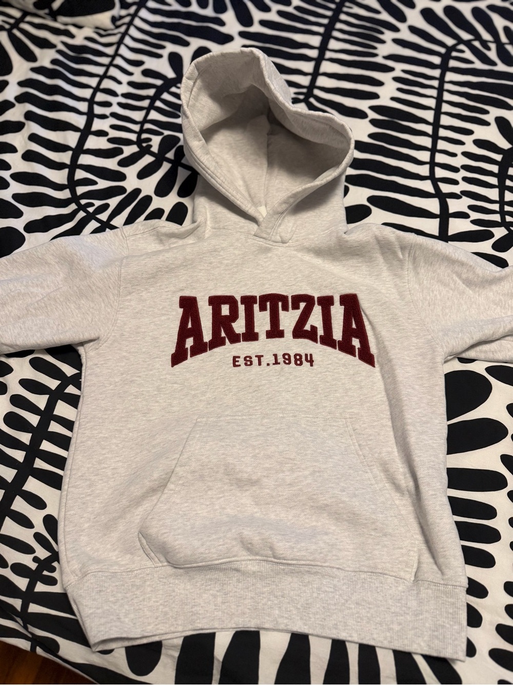 Aritzia Light Gray Hoodie with Burgundy Lettering